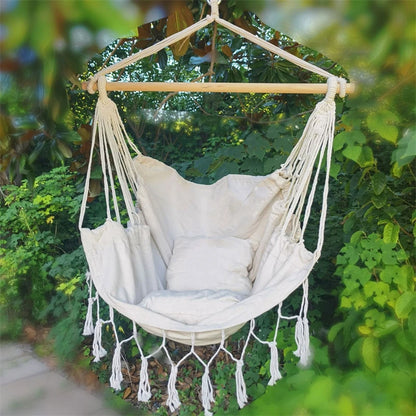 Hammock Chair Hanging Rope Swing, Max 500 Lbs, 2 Cushions Included, Large Macrame Hanging Chair with Pocket for Superior Comfort